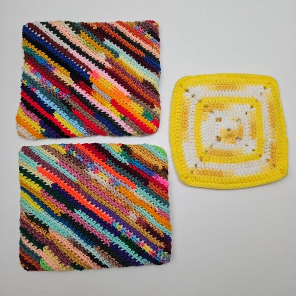 NEW Handknit Crochet 3pc Pot‎ Holder Trio Multicolor Yellow Boho Retro - Picture 2 of 6